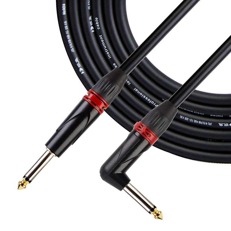Factory photo: instrument patch cable with one straight plug and one right-angle plug