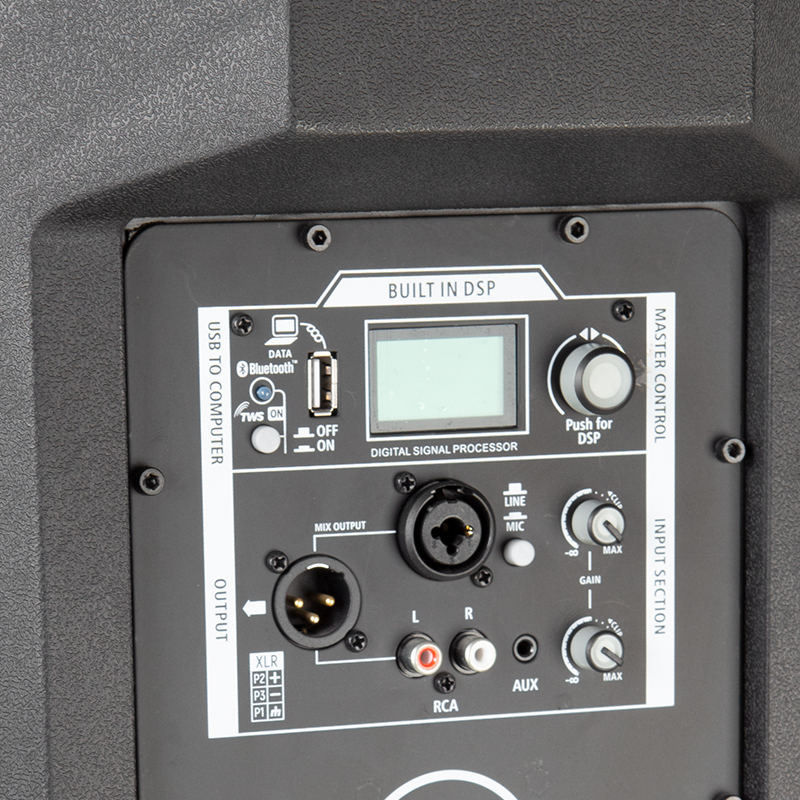 Back panel of LSA active speaker showing 3 channel mixer and DSP LCD screen