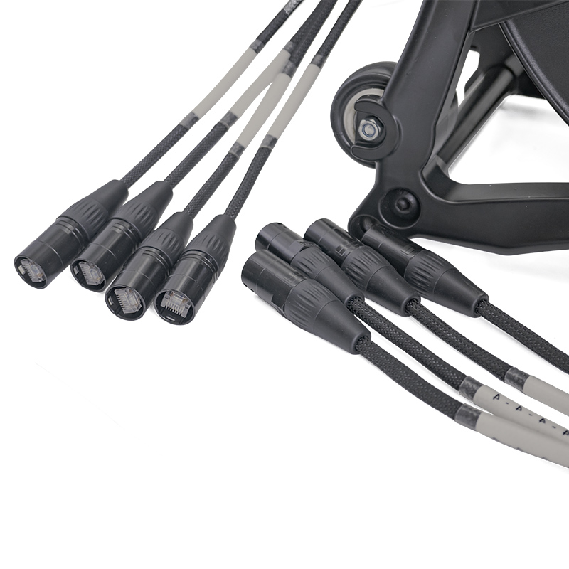 Factory photo of a braided multi-channel snake cable loom with XLR-style connectors laid out for stage signal runs