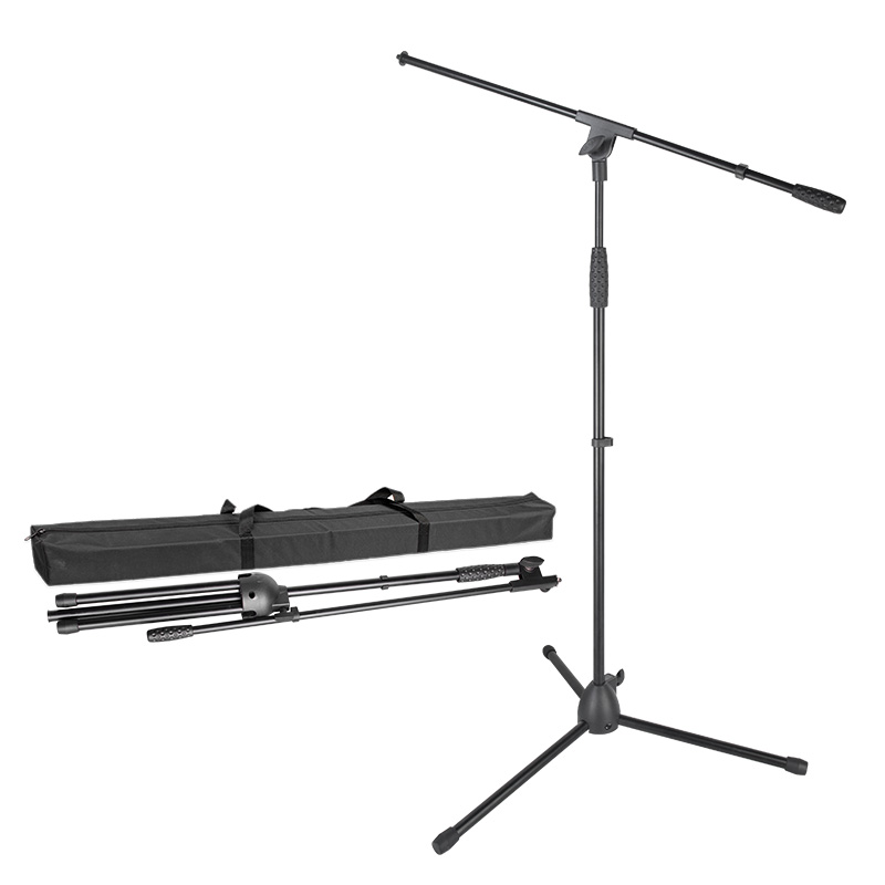 Tripod microphone stand shown assembled and folded with carrying bag - factory product photo
