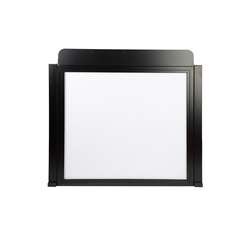 Steel-frame DJ facade console with white scrim panel, factory photo