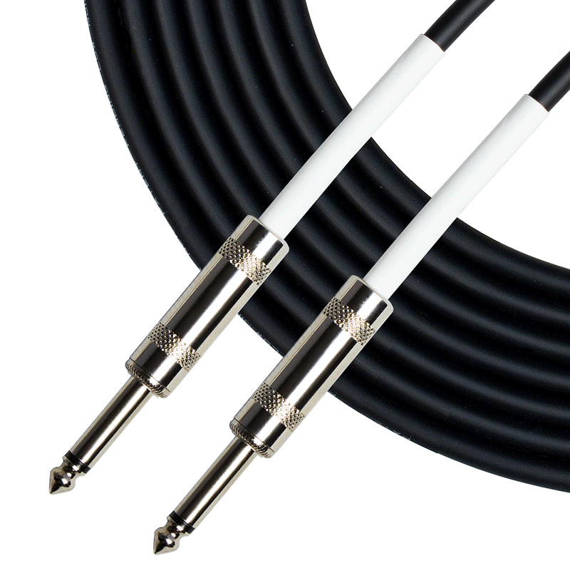 Standard instrument cable with black PVC jacket and straight metal plugs, factory photo